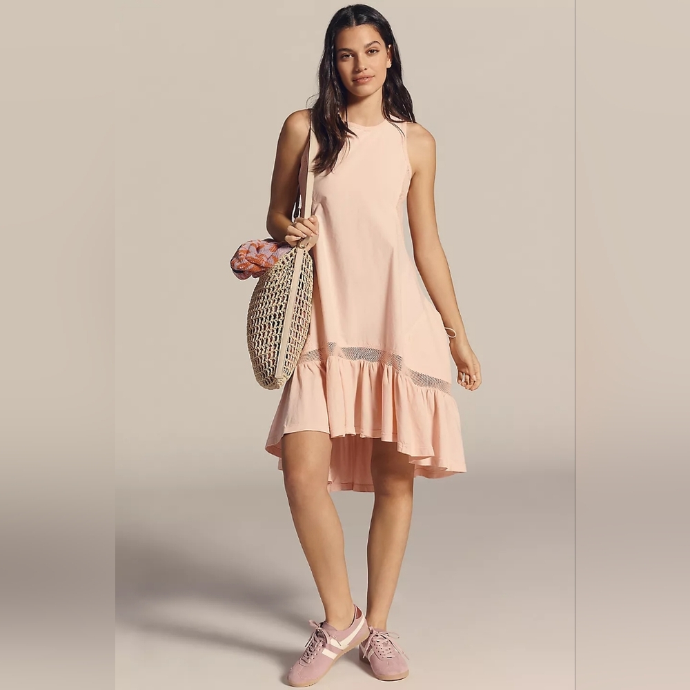 Anthropologie Daily Practice Hill Up Tiered Drop Waist Mesh Dress Pink Size XS - Picture 2 of 14